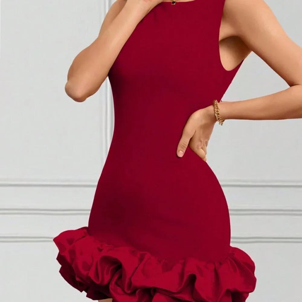 Burgundy Casual Women's Crew Neck Sleeveless Ruffled Hem Elegant Mini Dress